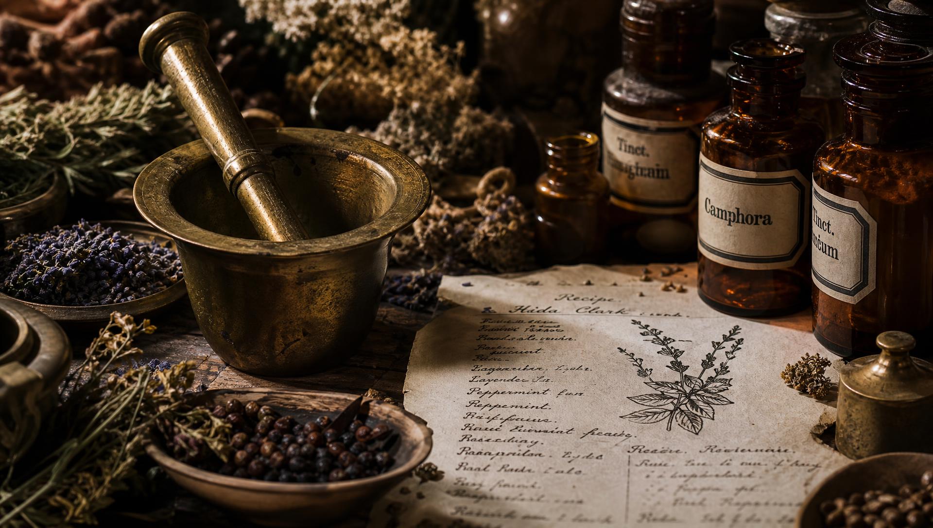 Herbs, brass mortar and a handwritten remedy page on a wooden table