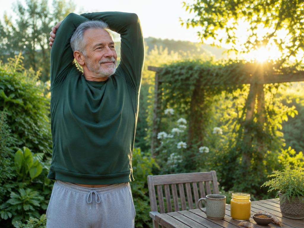An older man stretching in a sunny garden with golden milk on the table