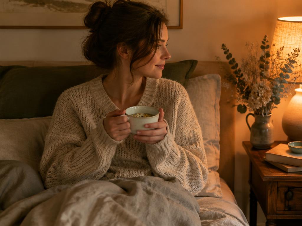 A woman holding a warm cup of tea in bed by lamplight